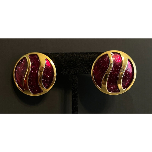 Avon Vintage Red Sparkle Enamel Gold Tone Round Clip On Earrings - Picture 1 of 9